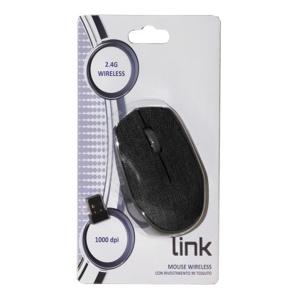 MOUSE WIRELESS IN TESSUTO COLORE NERO CON RICEVITORE USB 1000 DPI