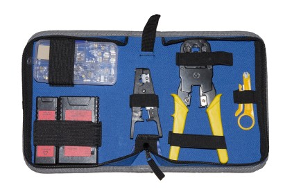 Set Attrezzi  In Astuccio Con Pinza Per Connettori 4, 6, 8 Poli, Spelafili, Tester, Cassettina Con Plug 6 E 8 Poli, Inseritore Keystone E Tester Cavi Di Rete