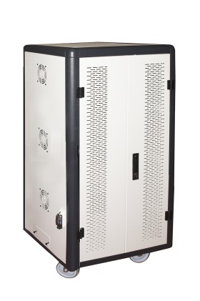 Armadio Alloggiamento 45 Tablet Con Ruote Multiprese Incluse Ventole Di Raffreddamento Porta In Acciaio Traforata Colore Grigio Nero