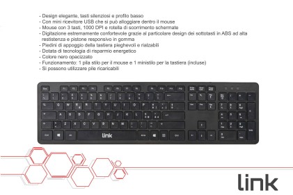 Kit Tastiera Italiana E Mouse Wireless Con Pile Incluse
