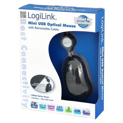 Mouse LogiLink ottico USB Mini con riavvolgimento cavo, nero(ID0016)