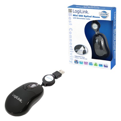 Mouse LogiLink ottico USB Mini con riavvolgimento cavo, nero(ID0016)