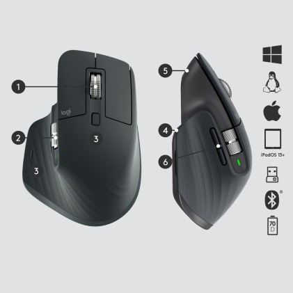 Logitech MX Master 3 Mouse Wireless Avanzato, Ricevitore Bluetooth o USB 2,4 GHz, Scorrimento &lrm;Ultrarapido, 4000 DPI Qualsiasi Superficie, Ergonomico, 7 Pulsanti, PC/Mac/Laptop/iPadOS - Grigio Chiaro