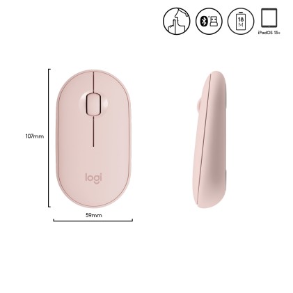 Logitech Pebble, mouse wireless con Bluetooth o ricevitore da 2,4 GHz, mouse per computer con clic silenzioso per laptop, notebook, iPad, PC e Mac. Rosa