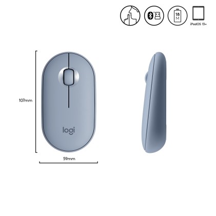 Logitech Pebble, mouse wireless con Bluetooth o ricevitore da 2,4 GHz, mouse per computer con clic silenzioso per laptop, notebook, iPad, PC e Mac