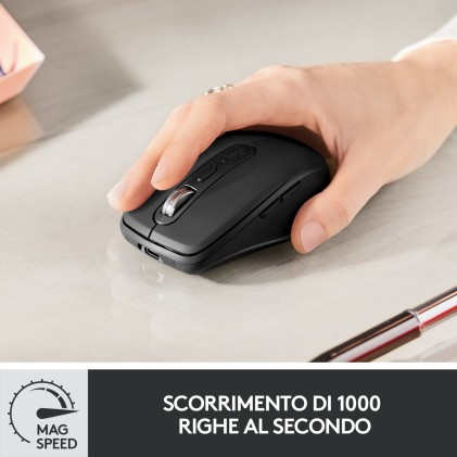 Logitech MX Anywhere 3 Mouse Compatto Performante – Wireless, Scroller Elettromagnetico, Ergonomico, Sensore 4000 DPI, Pulsanti Custom, USB-C, Bluetooth, Apple Mac, iPad, Windows PC, Linux, Chrome