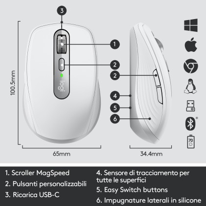 Logitech MX Anywhere 3 Mouse Compatto Performante – Wireless, Scroller Elettromagnetico, Ergonomico, Sensore 4000 DPI, Pulsanti Custom, USB-C, Bluetooth, Apple Mac, iPad, Windows PC, Linux, Chrome