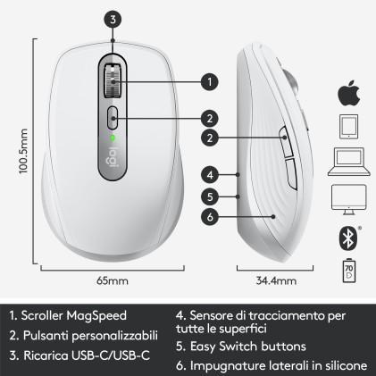 Logitech MX Anywhere 3 per Mac – Mouse Compatto Performante, Wireless, Scroller Magnetico Veloce, Su Ogni Superficie, Sensore 4000 DPI, Pulsanti Custom, USB-C, Bluetooth, Apple Mac, iPad, Windows