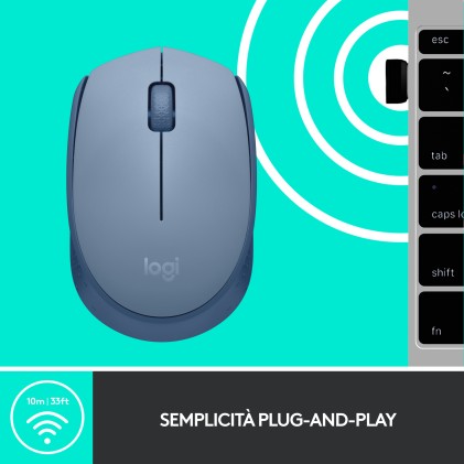 ORIGINALE Logitech Accessori per computer Blu / Grigio 910-006866 Maus Logitech M171 Mouse Wireless per PC, Mac, Laptop, 2,4 GHz con Mini Ricevitore USB, Tracciamento Ottico, Durata della Batteria di 12 mesi, Ambidestro - Blu