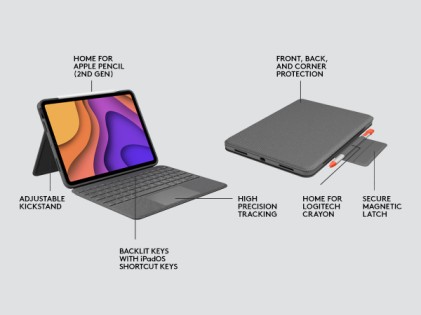 Custodia Logitech Folio Touch con tastiera wireless retroilluminata per iPad Air 4a generazione - Trackpad - Digitazione comoda - Angolo regolabile - Colore grigio