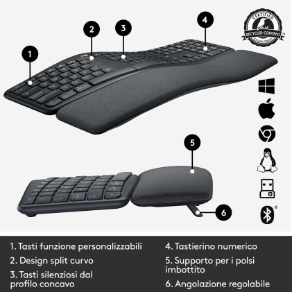 Tastiera Computer Logitech 920-010106 Ergo Wireless Split K860 Black