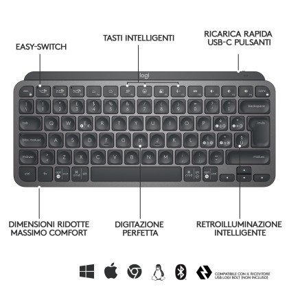 Logitech Tastiera Wireless Bluetooth Mx Keys Mini Usb Ita