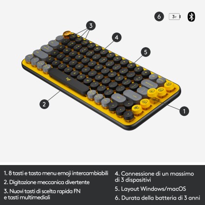 Logitech Tastiera Meccanica Pop Keys Wireless Tasti Emoji, Design Compatto, Bluetooth-Usb, Blast Yellow