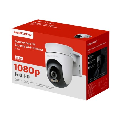 Telecamera di sicurezza WiFi Mercusys MC500 Smart FHD - Adatta per uso esterno - Vista panoramica a 360&deg; - Visione notturna a colori - Rilevamento del movimento AI - Allarme luminoso e sonoro