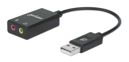 MANHATTAN USB-A Audio Adapter USB-A Male to 3.5 mm Mic-in and Audio-Out Females Black