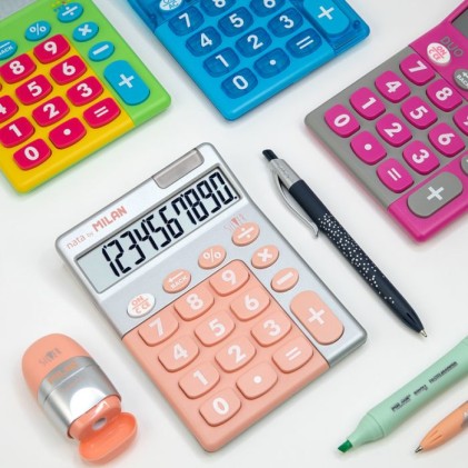 Espositore Milano di 6 Calcolatrici 10 Cifre Argento - Calcolatrice da Tavolo - Tasti Grandi - Chiave di Rettifica Inserimento Dati - Colori Assortiti