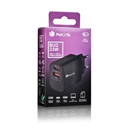 Ngs Caricatore Da Parete Ultraveloce Da 33W Con 2 Porte: Usb-C + Usb-A, Ricarica Simultanea