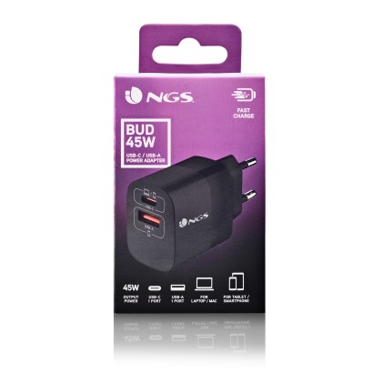 Ngs Caricatore Da Parete Ultraveloce Da 45W Con 2 Porte: Usb-C + Usb-A