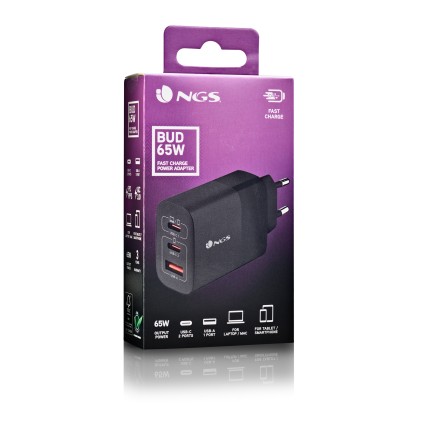 Ngs Caricatore Da Parete Ultraveloce Da 65 W Con 3 Porte: 2 Usb-C + Usb-A
