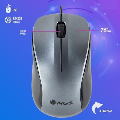 NGS Crew Mouse USB 1200 dpi - 3 pulsanti - Uso ambidestro - Cavo da 1,30 m - Grigio/Nero