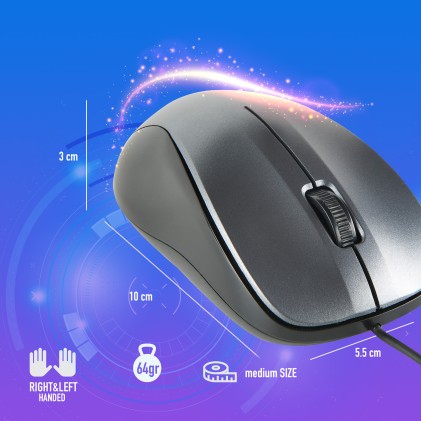 NGS Crew Mouse USB 1200 dpi - 3 pulsanti - Uso ambidestro - Cavo da 1,30 m - Grigio/Nero