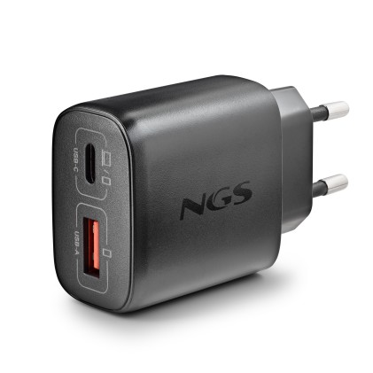 Ngs Eon 45W Black: Caricatore Gan Da Parete Universale Da 45W Con 2 Porte: Usb-C + Usb-A