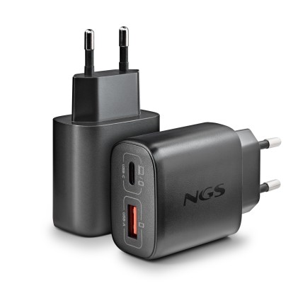 Ngs Eon 45W Black: Caricatore Gan Da Parete Universale Da 45W Con 2 Porte: Usb-C + Usb-A