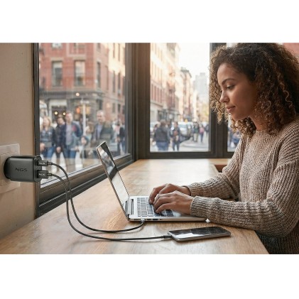 Ngs Eon 45W Black: Caricatore Gan Da Parete Universale Da 45W Con 2 Porte: Usb-C + Usb-A
