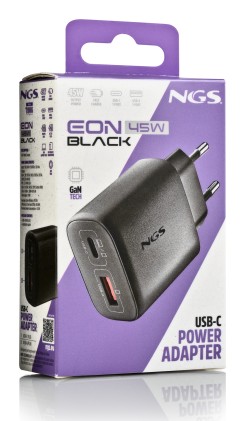 Ngs Eon 45W Black: Caricatore Gan Da Parete Universale Da 45W Con 2 Porte: Usb-C + Usb-A