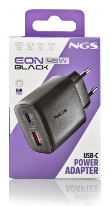 Ngs Eon 45W Black: Caricatore Gan Da Parete Universale Da 45W Con 2 Porte: Usb-C + Usb-A