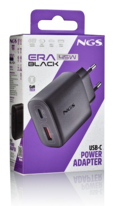 Ngs Era 45W Black: Caricatore Gan Da Parete Universale Da 45W Con 2 Porte: Usb-C + Usb-A