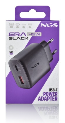 Ngs Era 45W Black: Caricatore Gan Da Parete Universale Da 45W Con 2 Porte: Usb-C + Usb-A