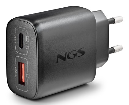 Ngs Era 45W Black: Caricatore Gan Da Parete Universale Da 45W Con 2 Porte: Usb-C + Usb-A
