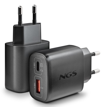 Ngs Era 45W Black: Caricatore Gan Da Parete Universale Da 45W Con 2 Porte: Usb-C + Usb-A