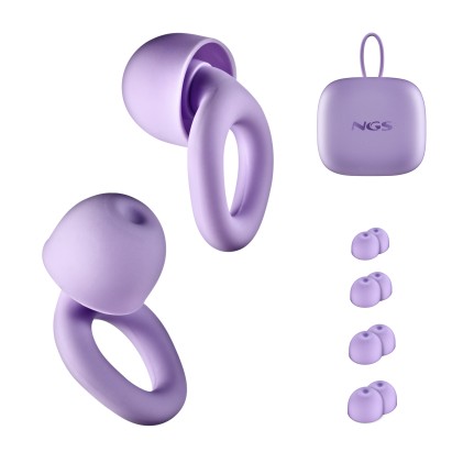 Tappi auricolari NGS Noon per la riduzione del rumore - Silicone - Custodia e 4 inserti auricolari - Viola