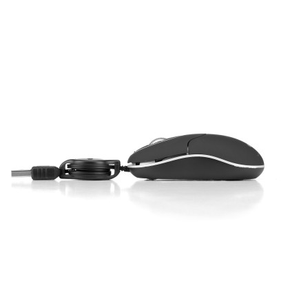 Mouse USB 1000dpi - Cavo Retrattile - 3 Pulsanti - Uso Ambidestro - Colore Nero