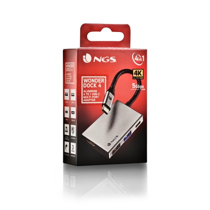 Ngs Adattatore Multiporta Usb-C Da 4 A 1 In Alluminio Usb-C 5V/0,9 A, 5Gbps, 3840 X 2160 Pixel, 1 X