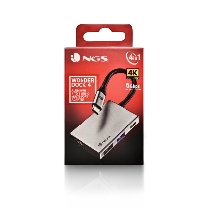 Ngs Adattatore Multiporta Usb-C Da 4 A 1 In Alluminio Usb-C 5V/0,9 A, 5Gbps, 3840 X 2160 Pixel, 1 X