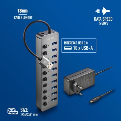 Ngs Ihub 10: Hub 10 Porte Usb 3.0. Velocit Di Trasferimento Dati A 5Gbps. Lunghezza Del Cavo: 180 M