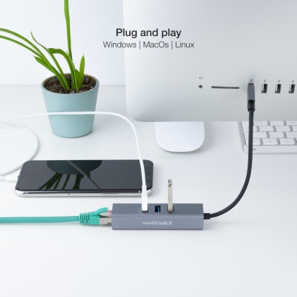 Nanocable 10.03.0407 replicatore di porte e docking station per notebook Cablato USB 3.2 Gen 1 (3.1 Gen 1) Type-A Grigio