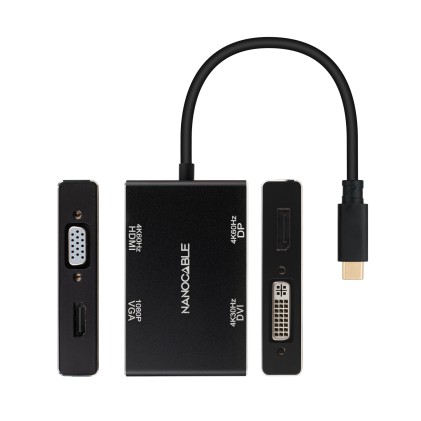 Convertitore nanocavo da USB-C/M a HDMI/H + DVI/H + DP/H + VGA/H - 10 cm - Colore nero