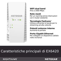 Netgear Range Extender Wi-Fi Ex6240 Wi-Fi Ac1900, 802.11Ac/Ax/A/B/G/N, Tecnologia Smart Roaming, Compatibile Con App Nighthawk