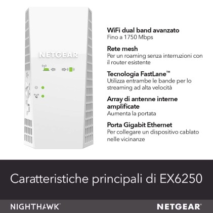 Netgear Range Extender Wi-Fi Ex6250 Ac1750, 802.11Ac/Ax/A/B/G/N, Tecnologia Smart Roaming, Compatibile Con App Nighthawk