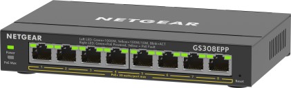 NETGEAR 8-Port Gigabit Ethernet High-Power PoE+ Plus Switch (GS308EPP) Gestito L2/L3 Gigabit Ethernet (10/100/1000) Supporto Power over Ethernet (PoE) Nero