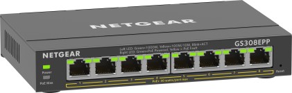 NETGEAR 8-Port Gigabit Ethernet High-Power PoE+ Plus Switch (GS308EPP) Gestito L2/L3 Gigabit Ethernet (10/100/1000) Supporto Power over Ethernet (PoE) Nero