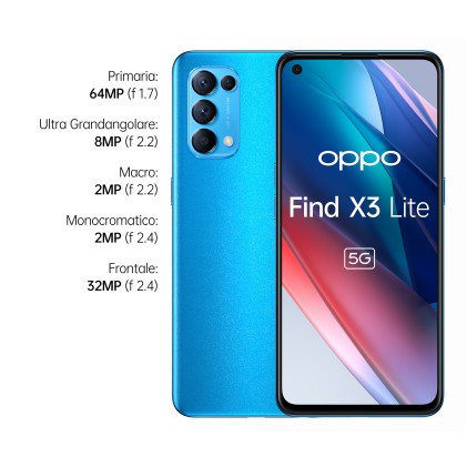 OPPO Find X3 Lite Smartphone 5G, Qualcomm 765G, Display 6.43  FHD+AMOLED, 4 Fotocamere 64MP, RAM 8GB ESPANDIBILE FINO A 13GB+ROM 128GB, 4400mAh, Dual Sim, [Versione Italiana], Colore Astral Blue