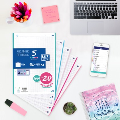 Oxford 5 Ricariche Formato A4 Griglia 5x5mm 4 Fori - 100 Fogli + 20 Omaggio - Fascia di 5 Colori Pastello