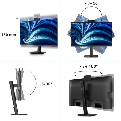 Philips Monitor 27 Led Ips Qhd 16:9 4Ms 350 Cdm, Pivot, Usb-C, Webcam, Dp/Hdmi, Multimediale