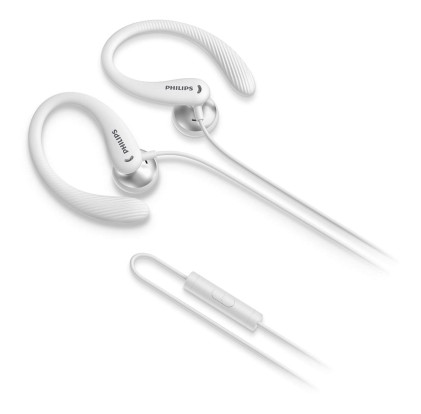Philips Auriculares Intraurales Deportivos - Cable de 1.2m - Jack 3.5mm - IPX2 - Microfono Integrado - Gancho de Oreja - Altavoz 15mm - Boton Multifuncion - Color Blanco