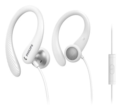 Philips Auriculares Intraurales Deportivos - Cable de 1.2m - Jack 3.5mm - IPX2 - Microfono Integrado - Gancho de Oreja - Altavoz 15mm - Boton Multifuncion - Color Blanco